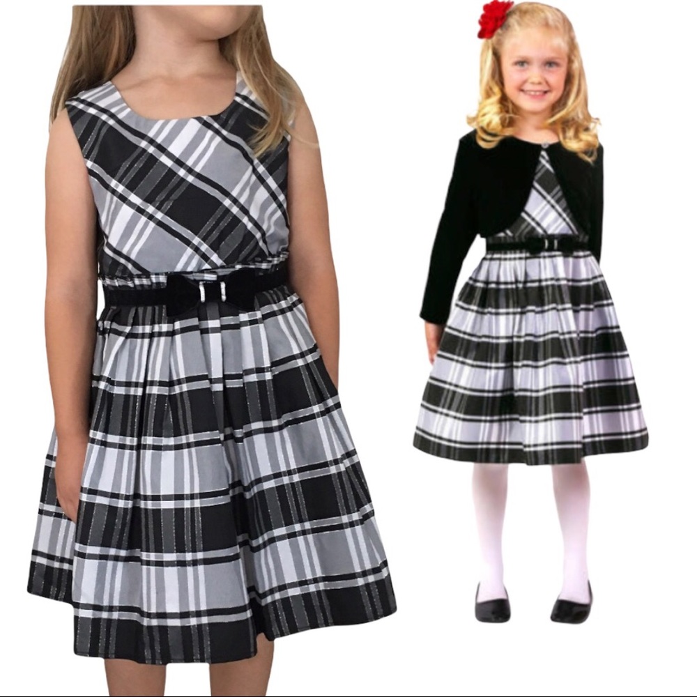 Jona Michelle Girls Holiday plaid black/white/silver dress in size 4T
